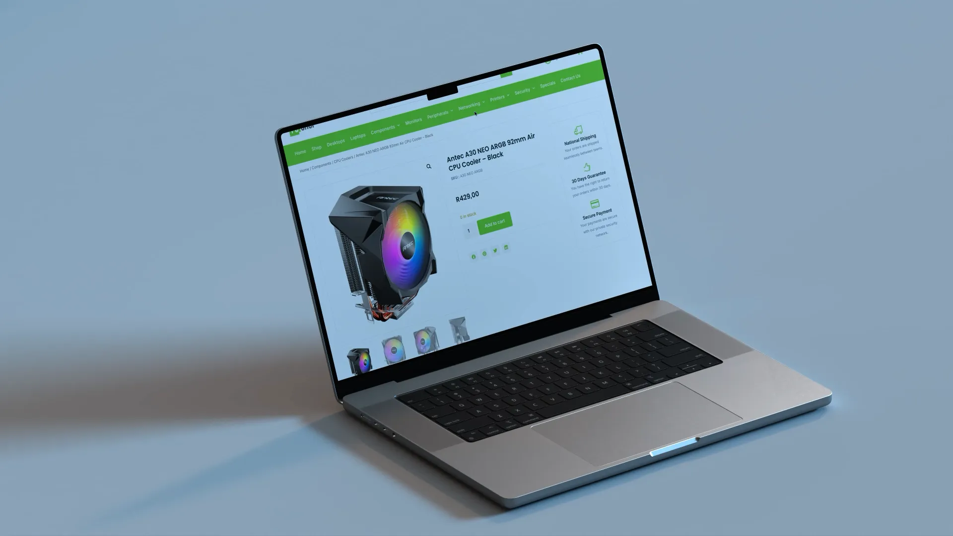 The PC Shop product page on a laptop against a blue-grey wall