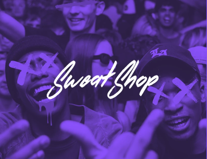 Sweatshop logo over a crowd at a party